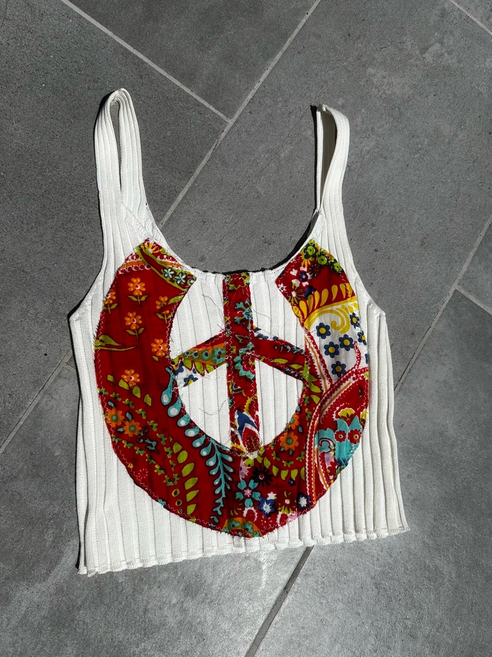 White Ribbed Tank Top with Red Floral Peace Appliqué